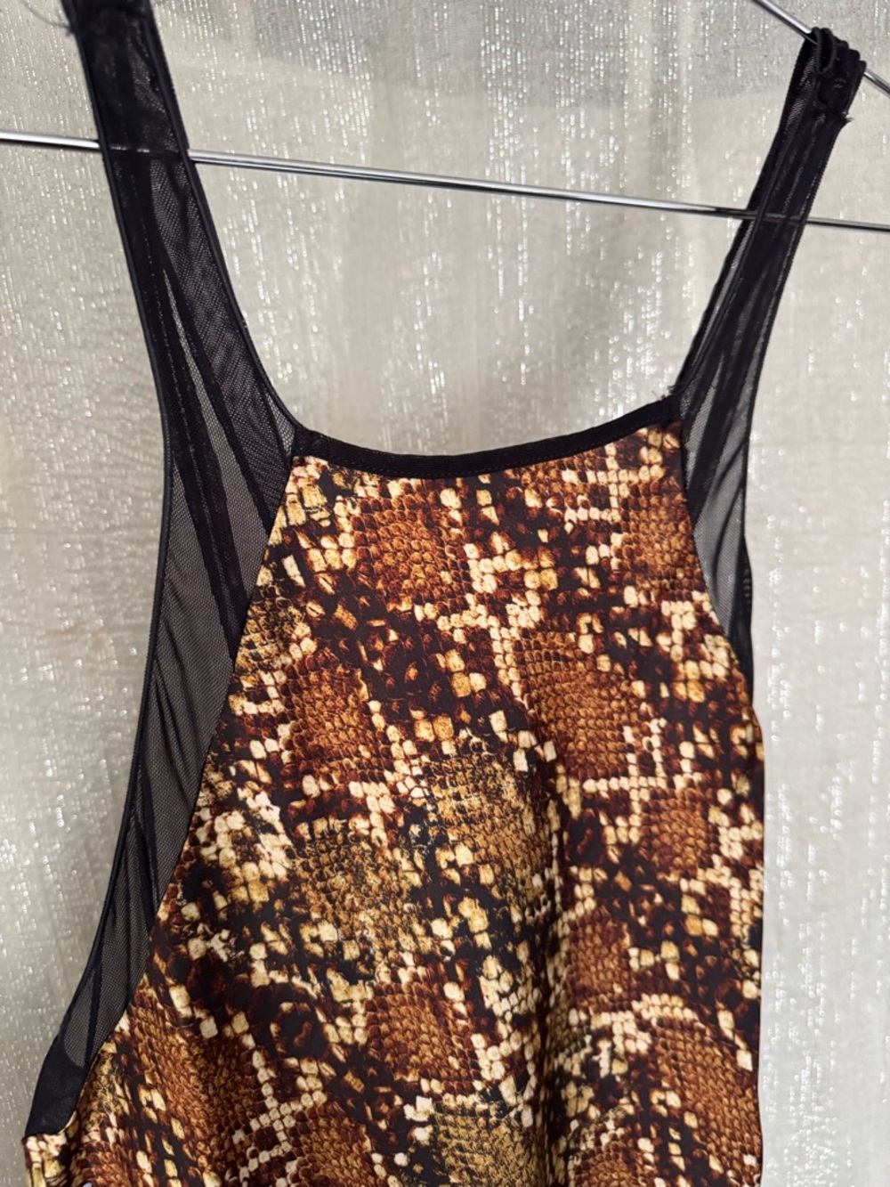 Free People Golden Brown Snake-Print Mesh Panel Bodysuit